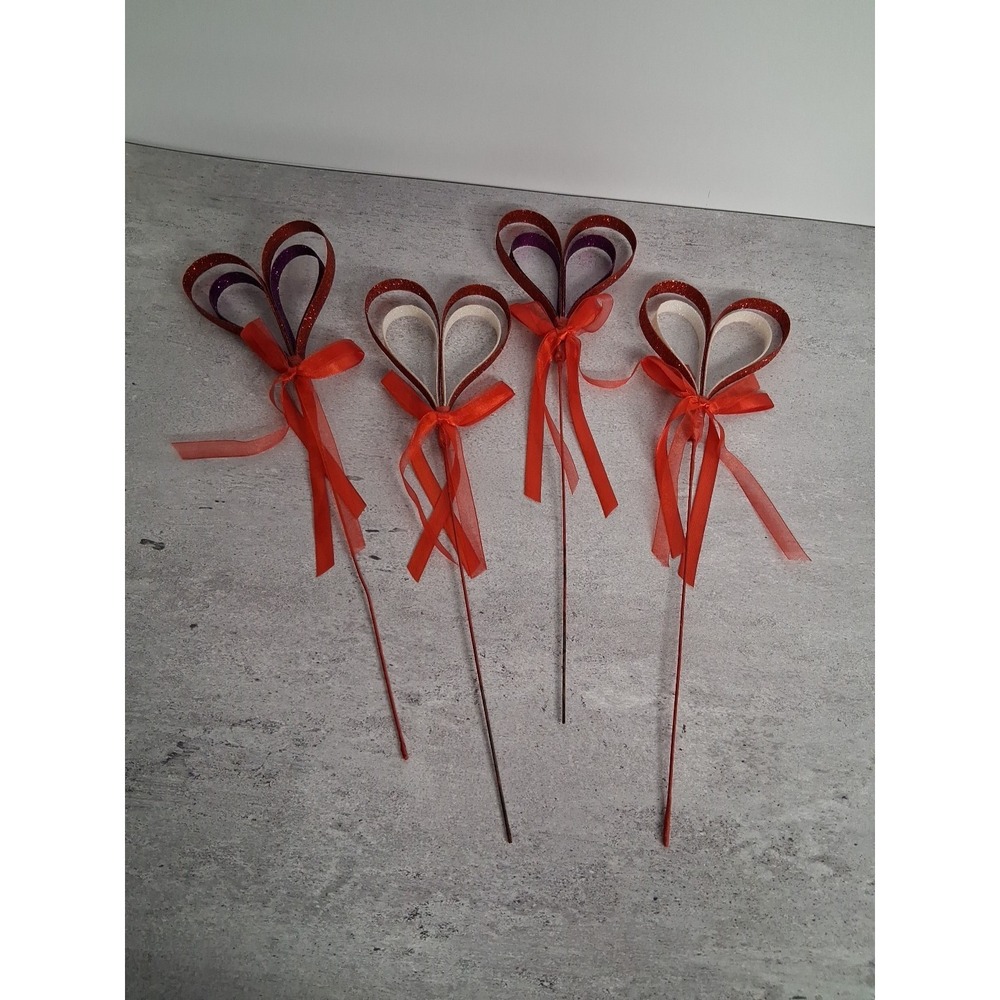 4 Valentine's Day Red/Purple & Red/White Glitter Double Heart 14" Sticks
